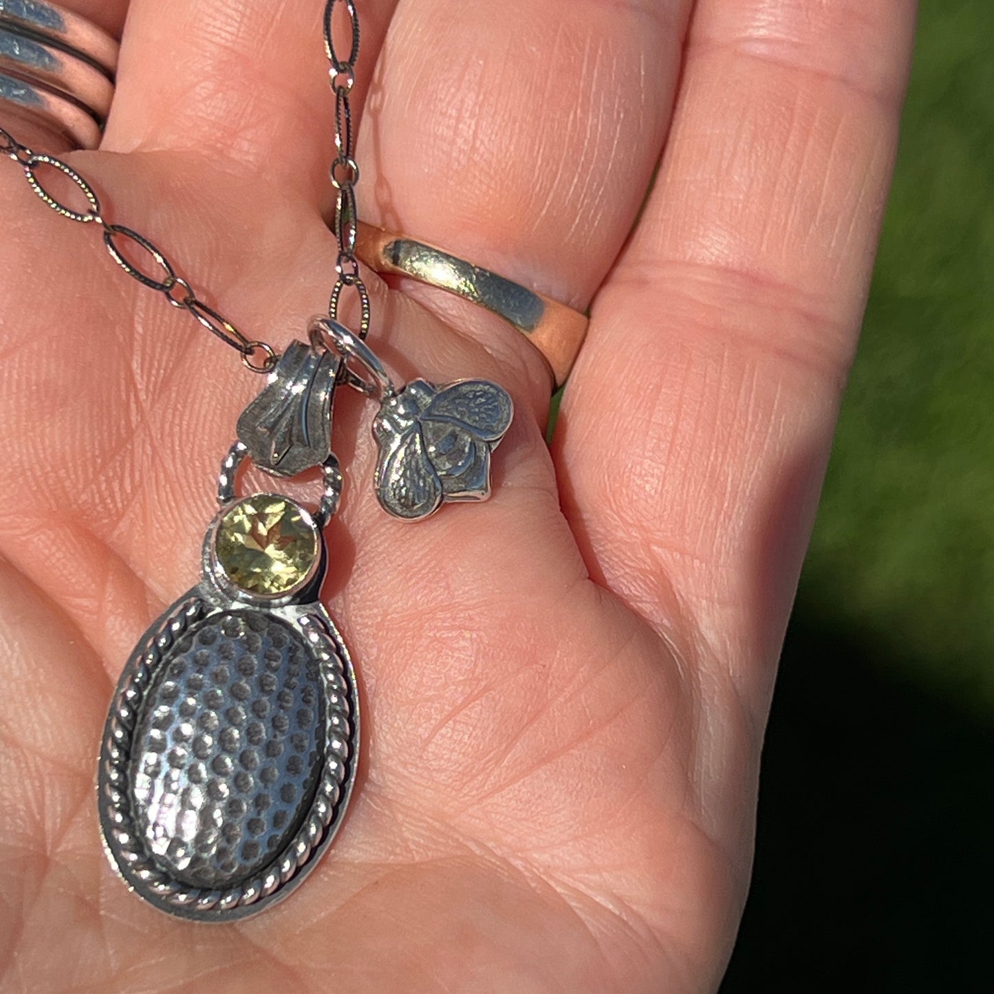 Honeycomb Necklace with Lemon Quartz and Honeybee Charm