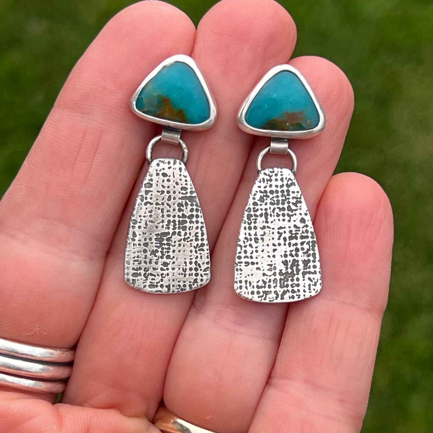 Blue Kingman Turquoise Post Earrings with Silk Textured Drop