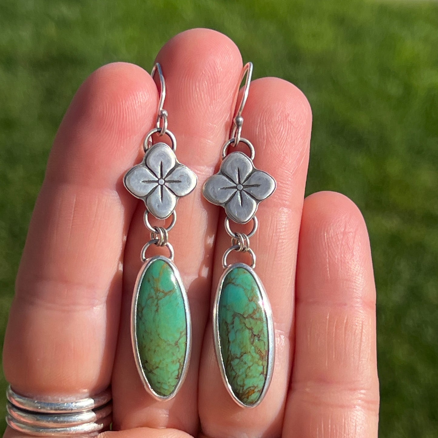 Oval Turquoise Drop Earrings with Sterling Silver Flower