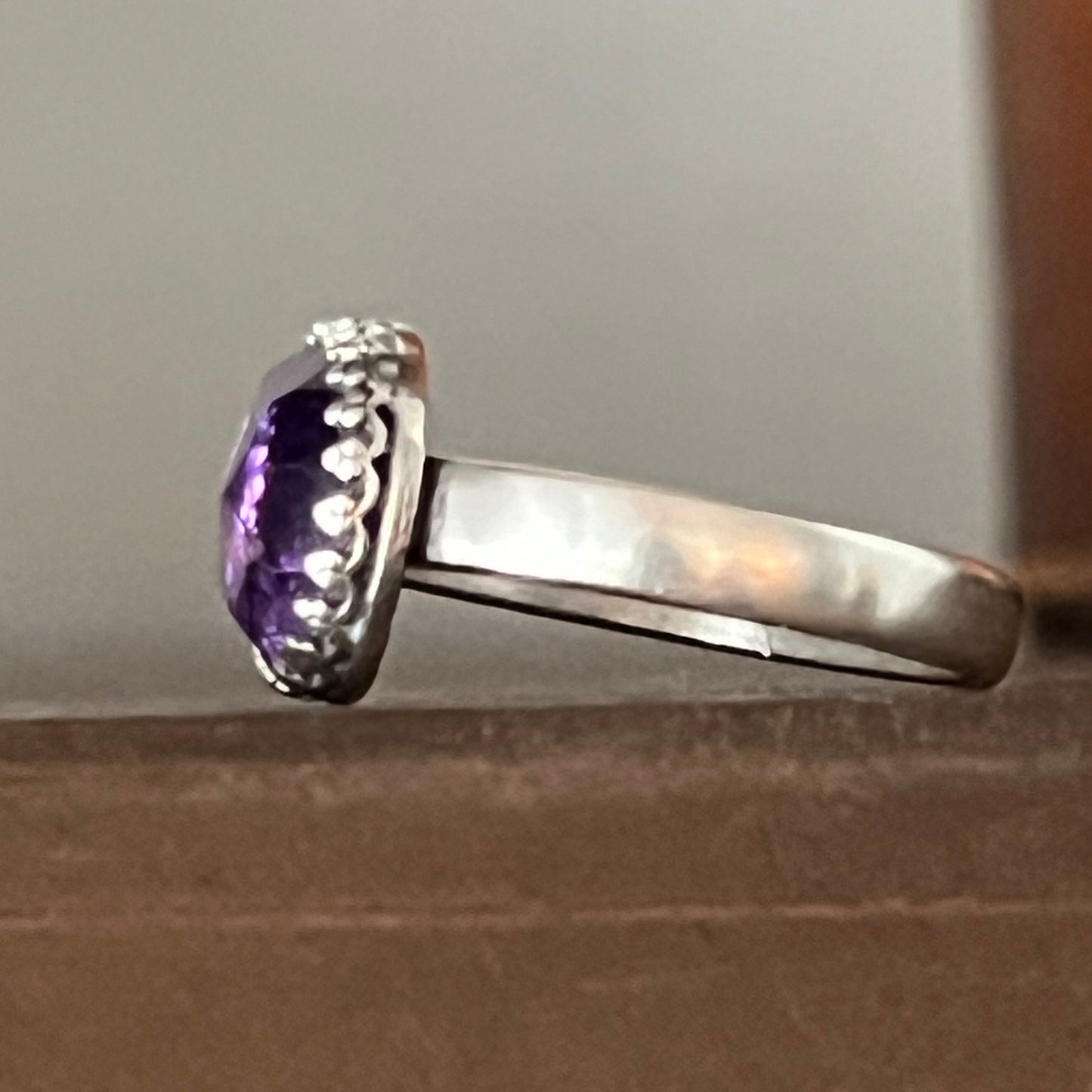 Rose Cut Amethyst Ring on Thick Sterling Silver Band Size 7.5