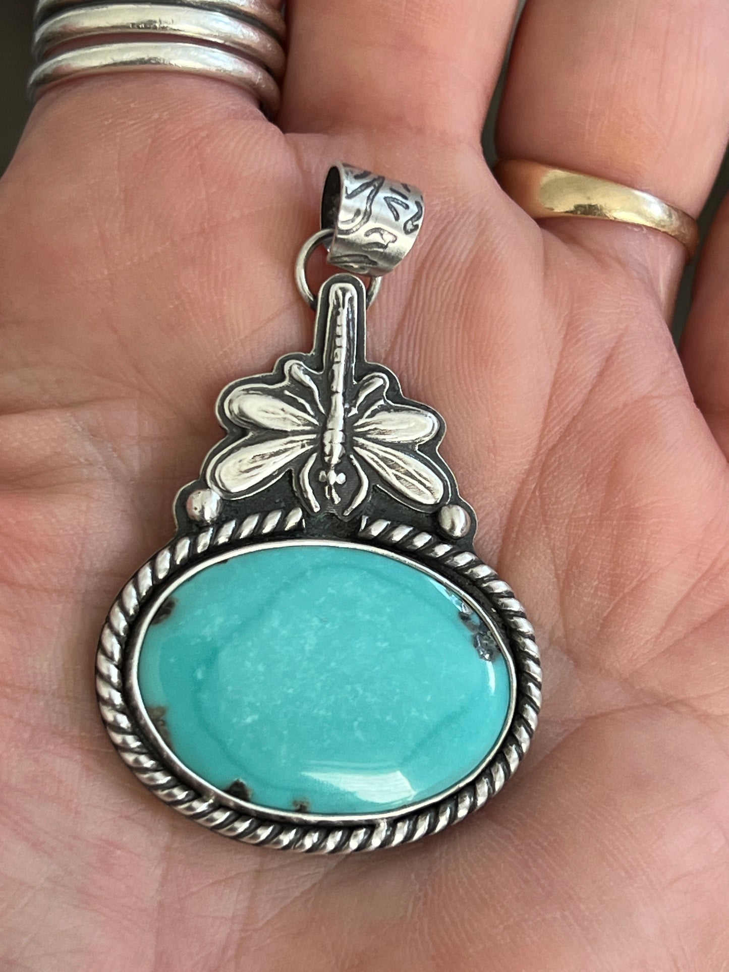 Campitos Turquoise Pendant with Sterling Silver Dragonfly