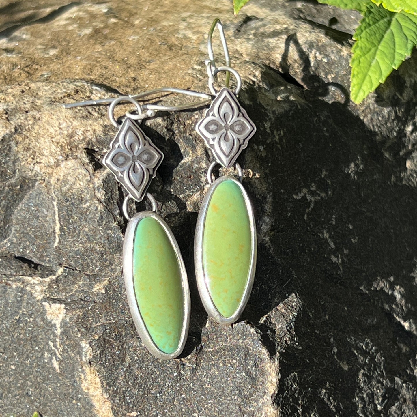 Green Turquoise Drop Earrings with Deco Sterling Silver Link