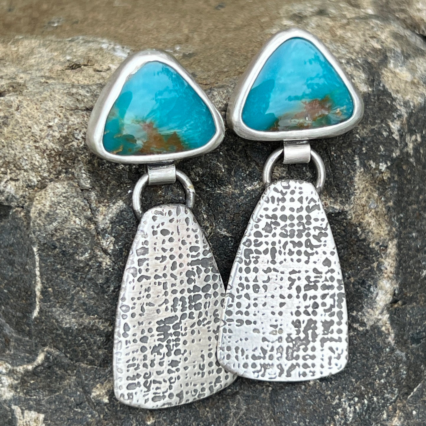 Blue Kingman Turquoise Post Earrings with Silk Textured Drop