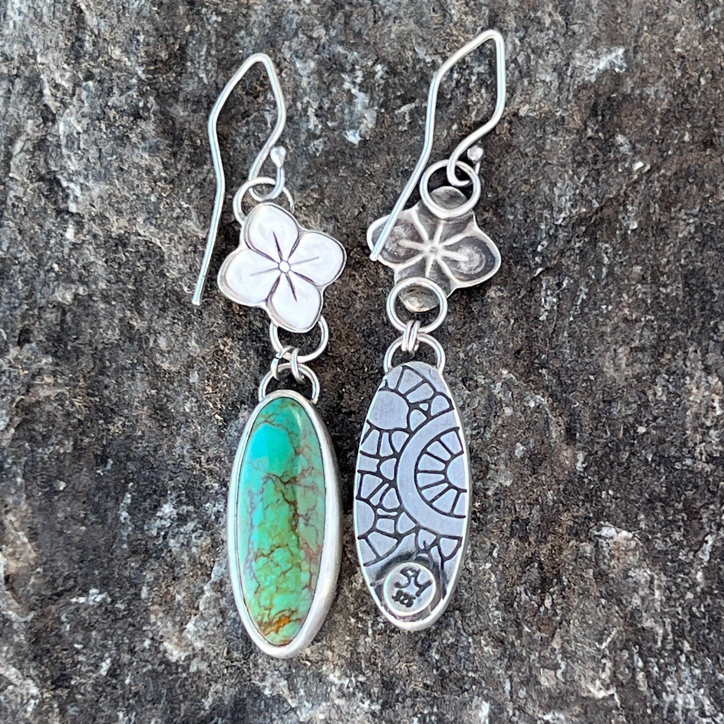 Oval Turquoise Drop Earrings with Sterling Silver Flower