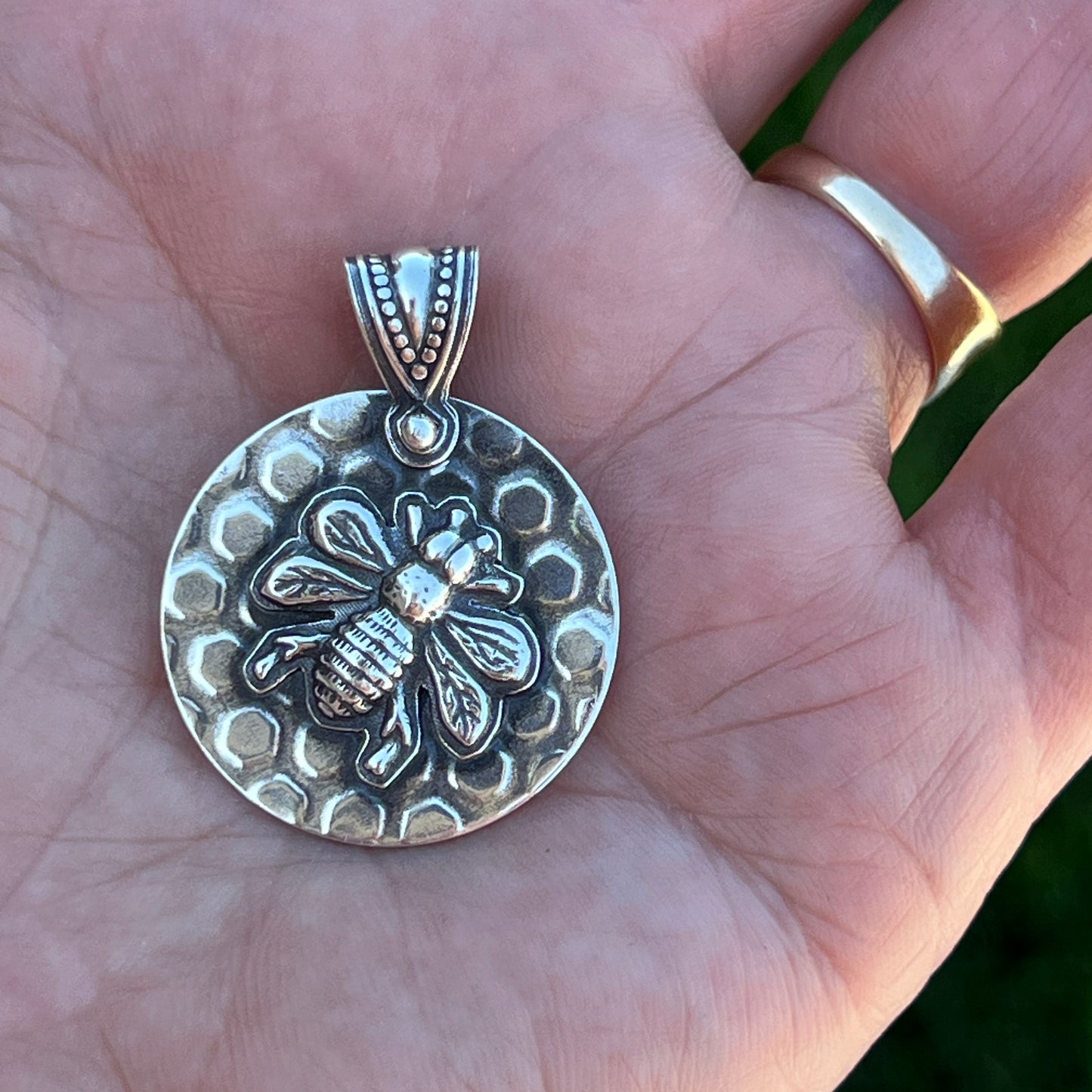 Honeycomb Bee Pendant, Sterling Silver