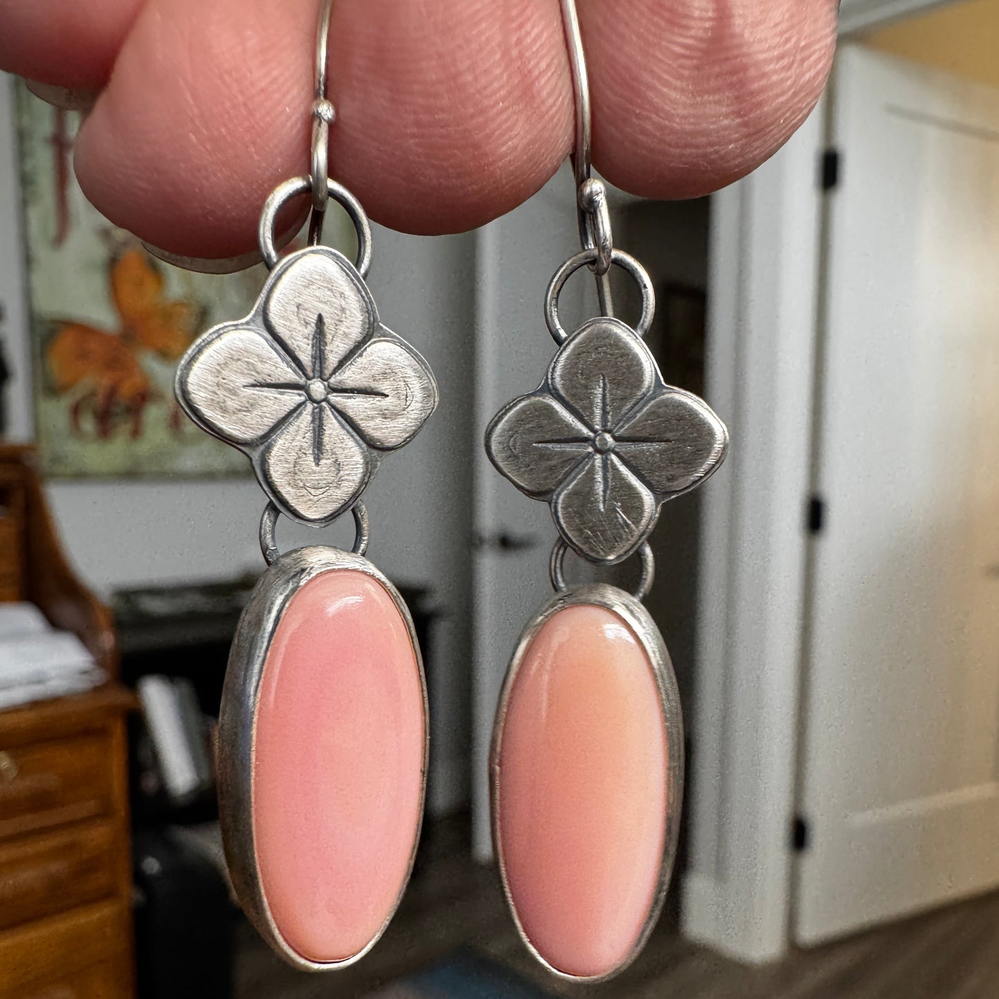 Pink Conch Shell Dangle Earrings with Flower Accent