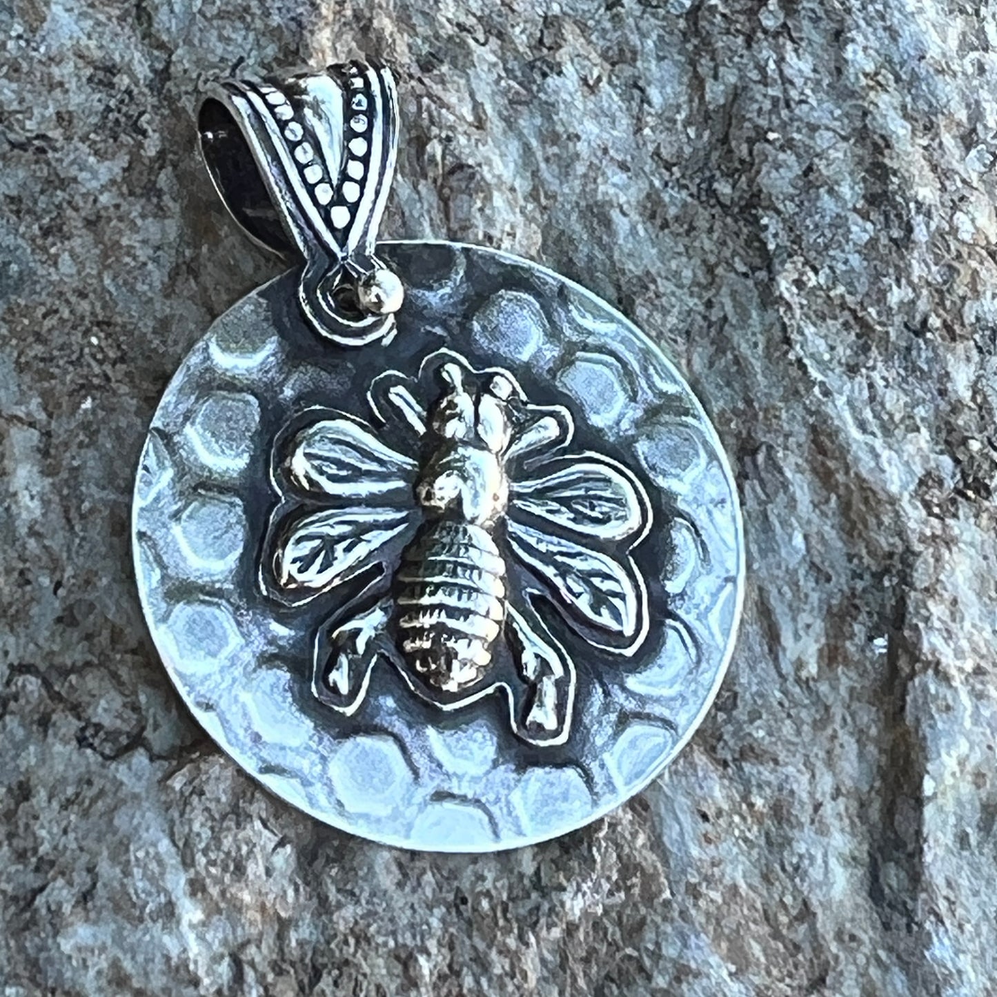 Honeycomb Bee Pendant, Sterling Silver