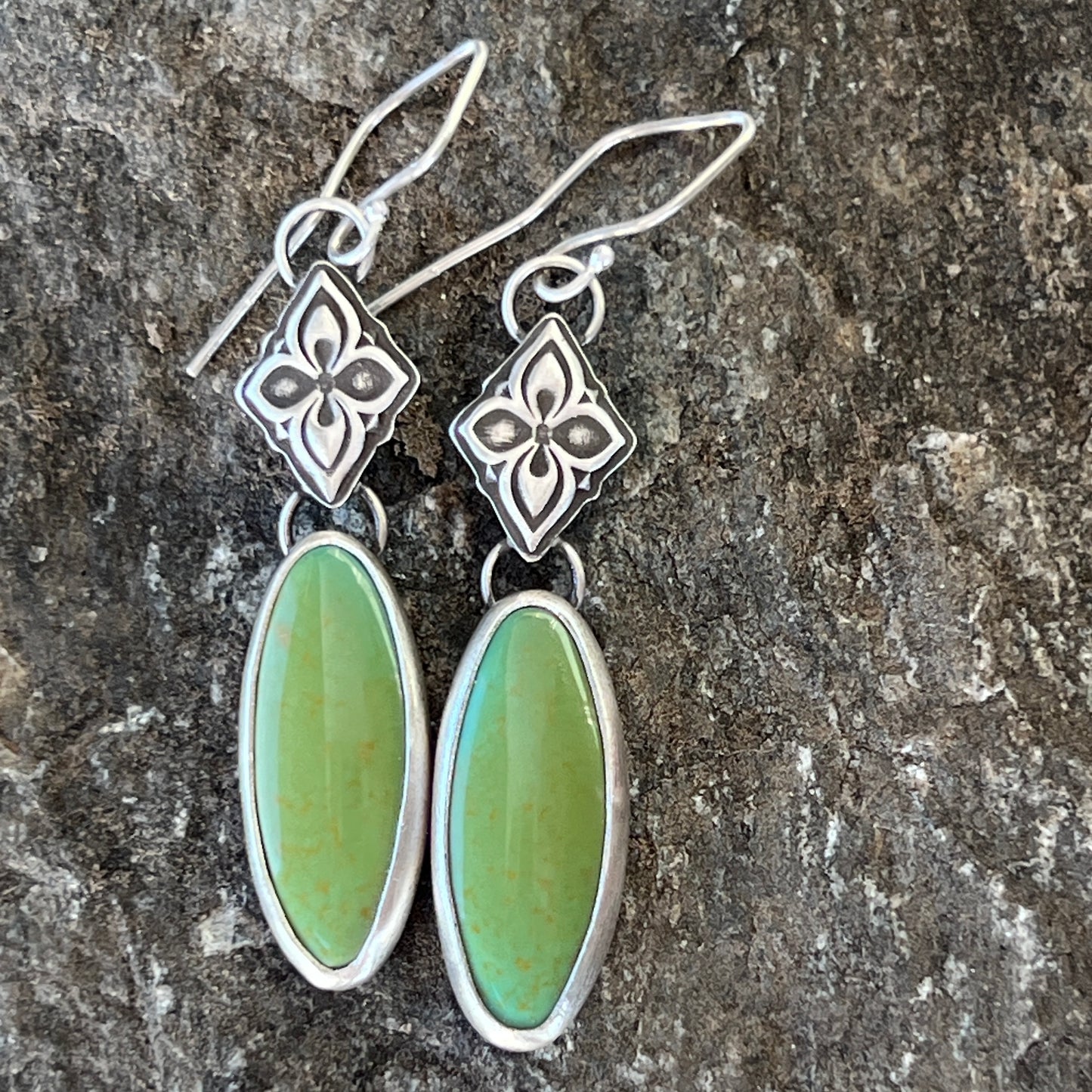 Green Turquoise Drop Earrings with Deco Sterling Silver Link