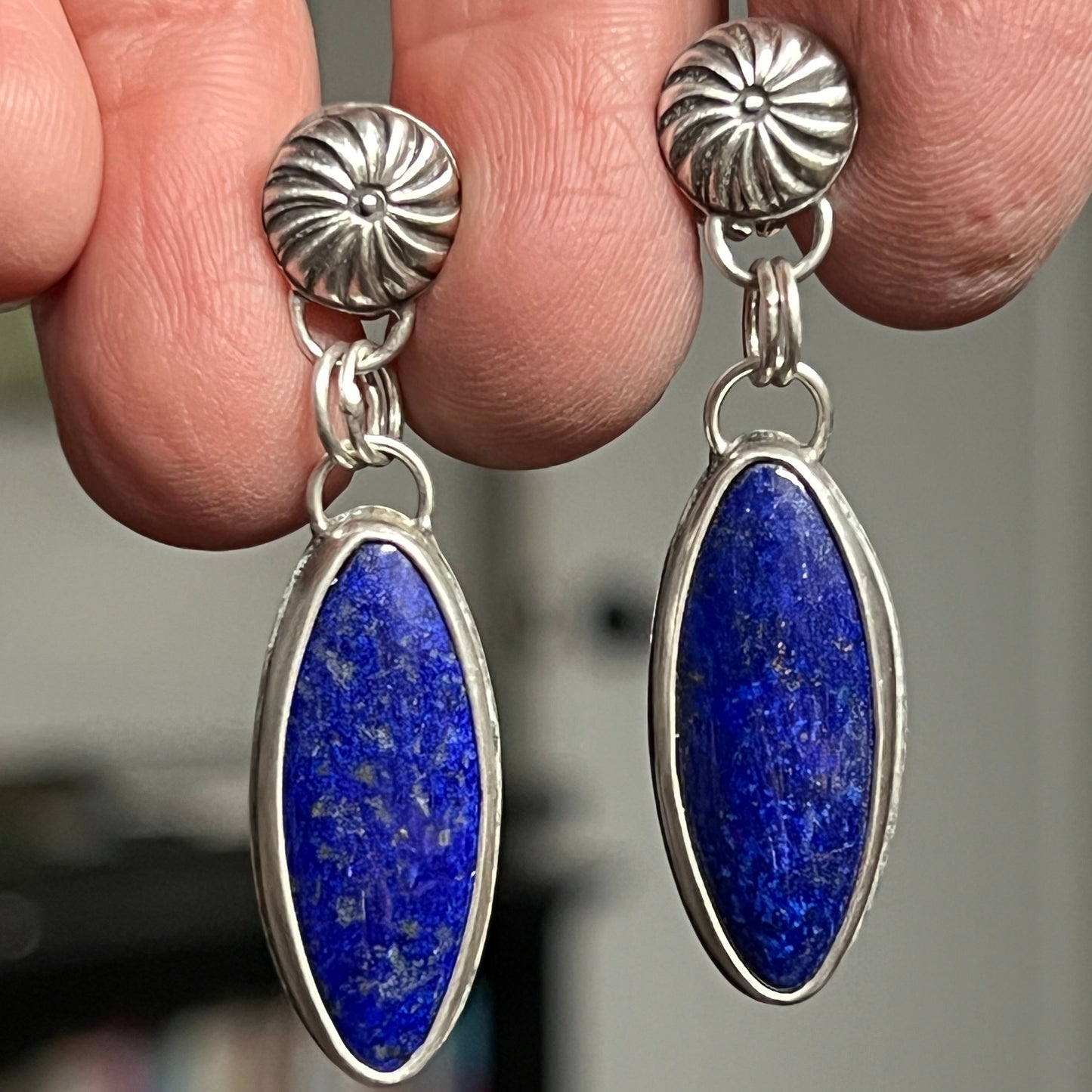 Lapis Lazuli Drop Earrings with Small Silver Concho Studs