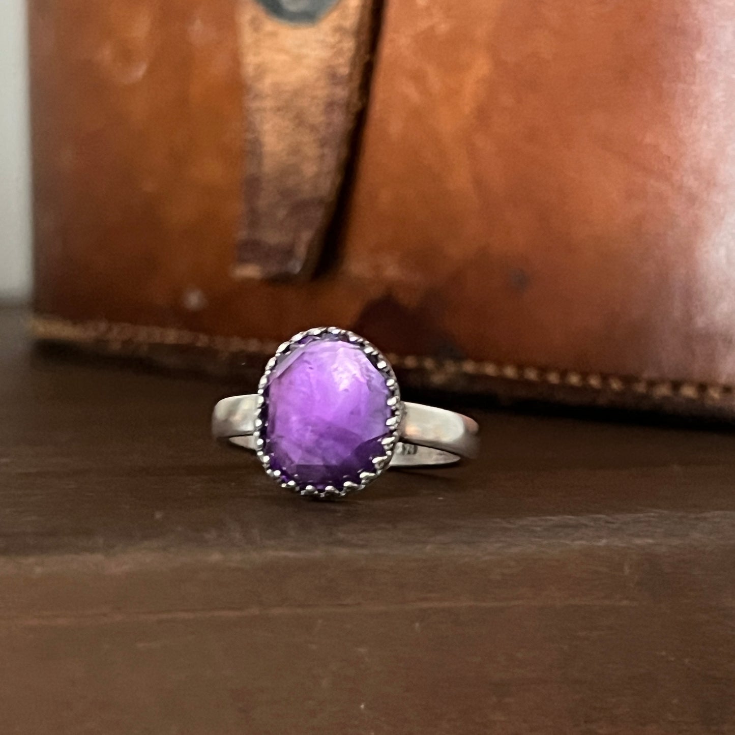 Rose Cut Amethyst Ring on Thick Sterling Silver Band Size 9