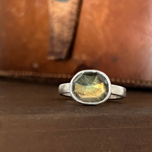 Rose Cut Labradorite Ring on Thick Sterling Silver Band Size 10