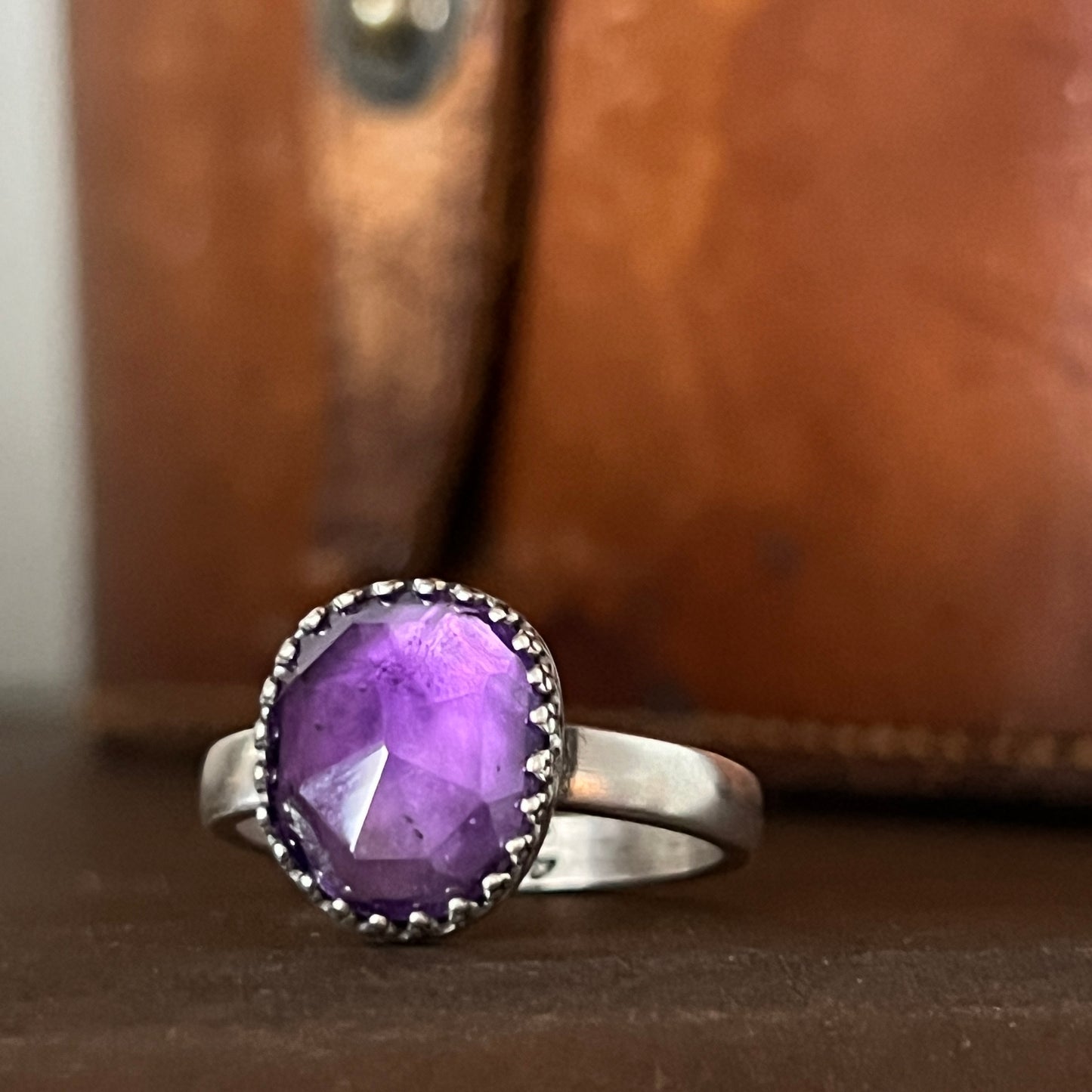 Rose Cut Amethyst Ring on Thick Sterling Silver Band Size 9