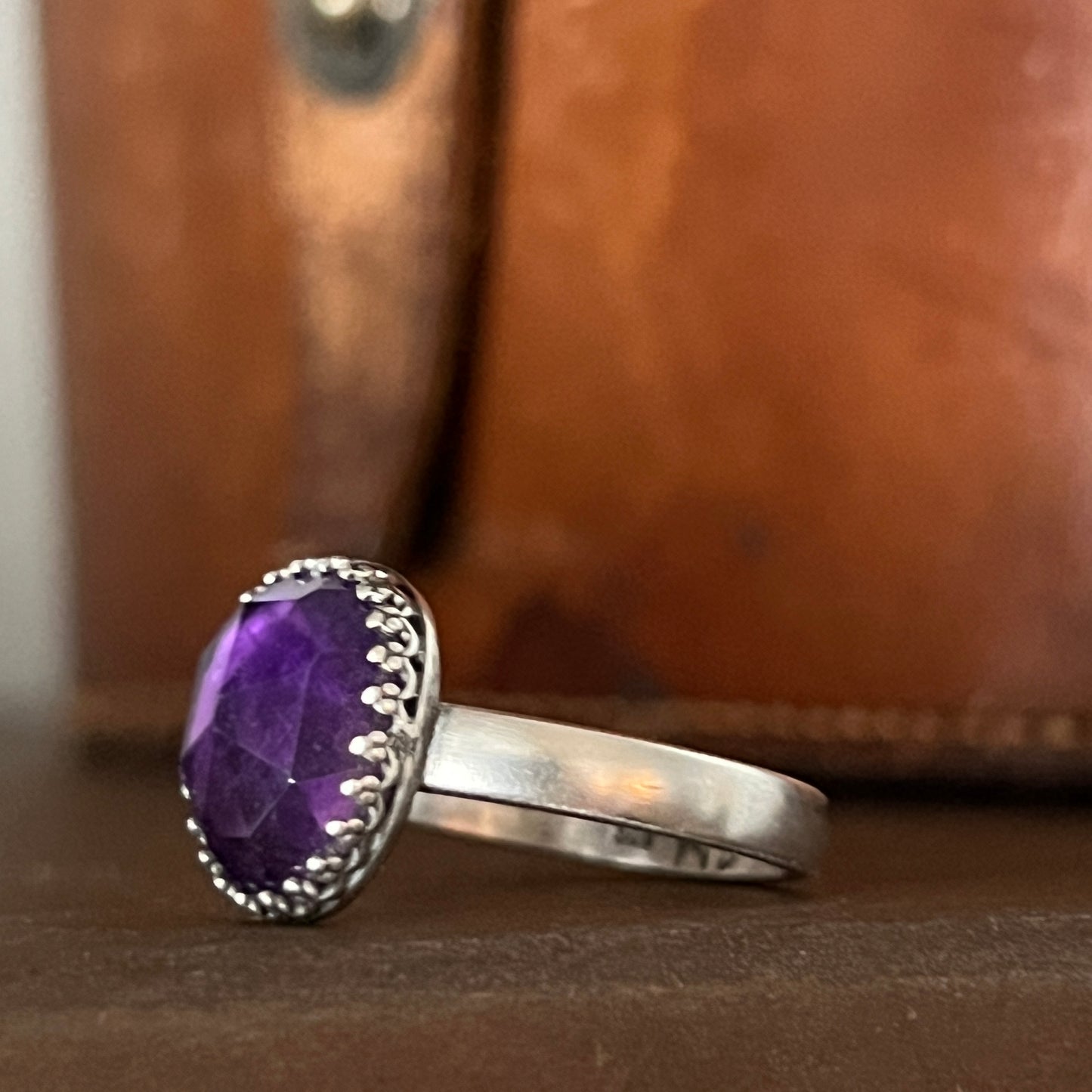 Rose Cut Amethyst Ring on Thick Sterling Silver Band Size 9