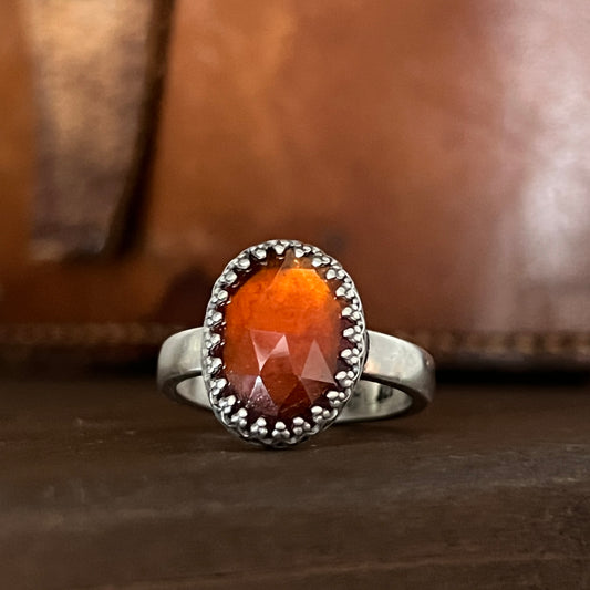 Rose Cut Hessonite Garnet Ring on Thick Sterling Silver Band Size 6