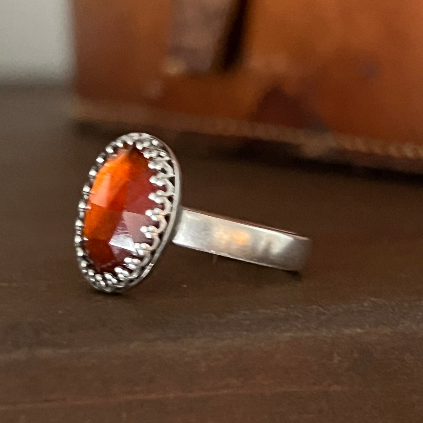 Rose Cut Hessonite Garnet Ring on Thick Sterling Silver Band Size 6