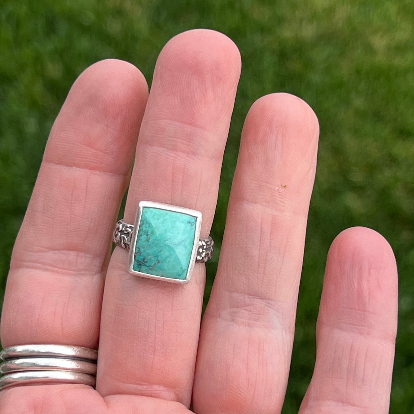 Rectangular Turquoise Ring with Floral Band Size 7 US