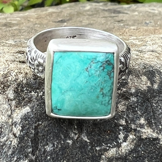 Rectangular Turquoise Ring with Floral Band Size 7 US