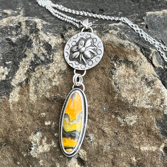 Bumblebee Jasper Necklace with Silver Bee and Honeycomb