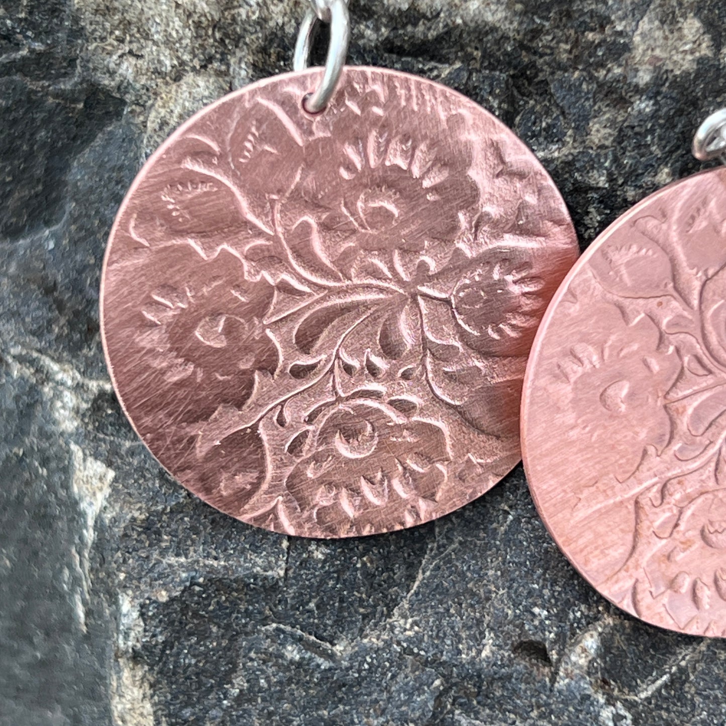 Pure Copper Circle Earrings Floral Patterned, Sterling Silver Ear Wires