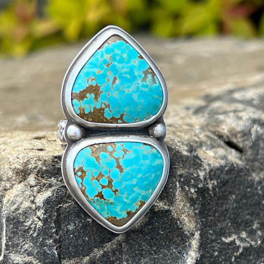 Two Stone Turquoise Ring with Floral Band Size 9