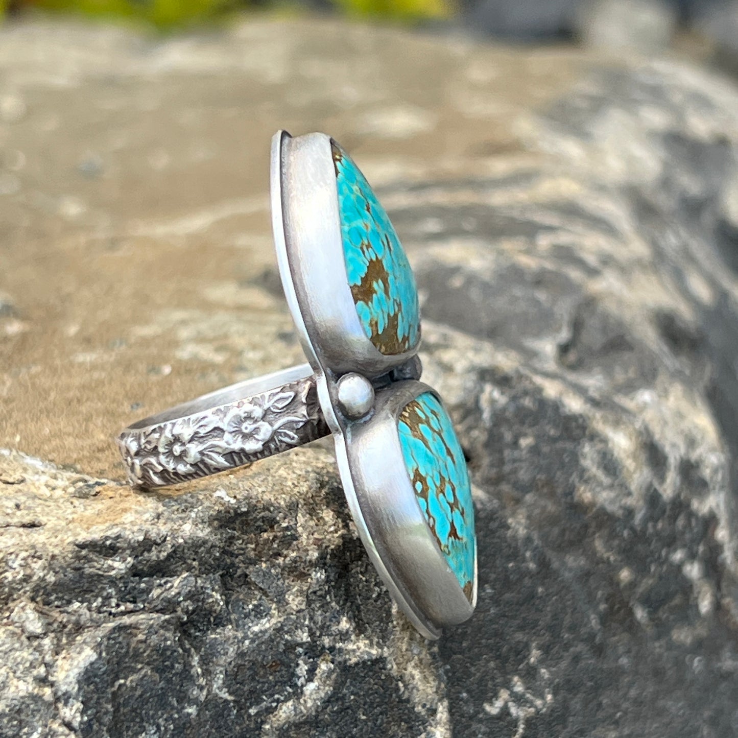 Two Stone Turquoise Ring with Floral Band Size 9