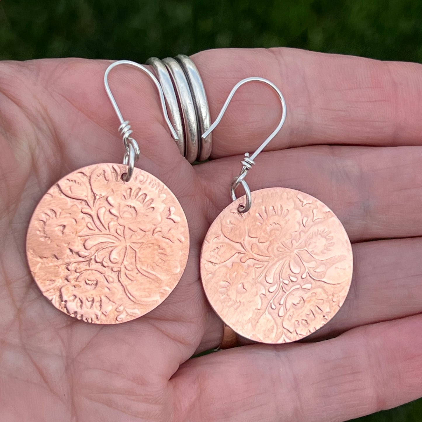 Pure Copper Circle Earrings Floral Patterned, Sterling Silver Ear Wires