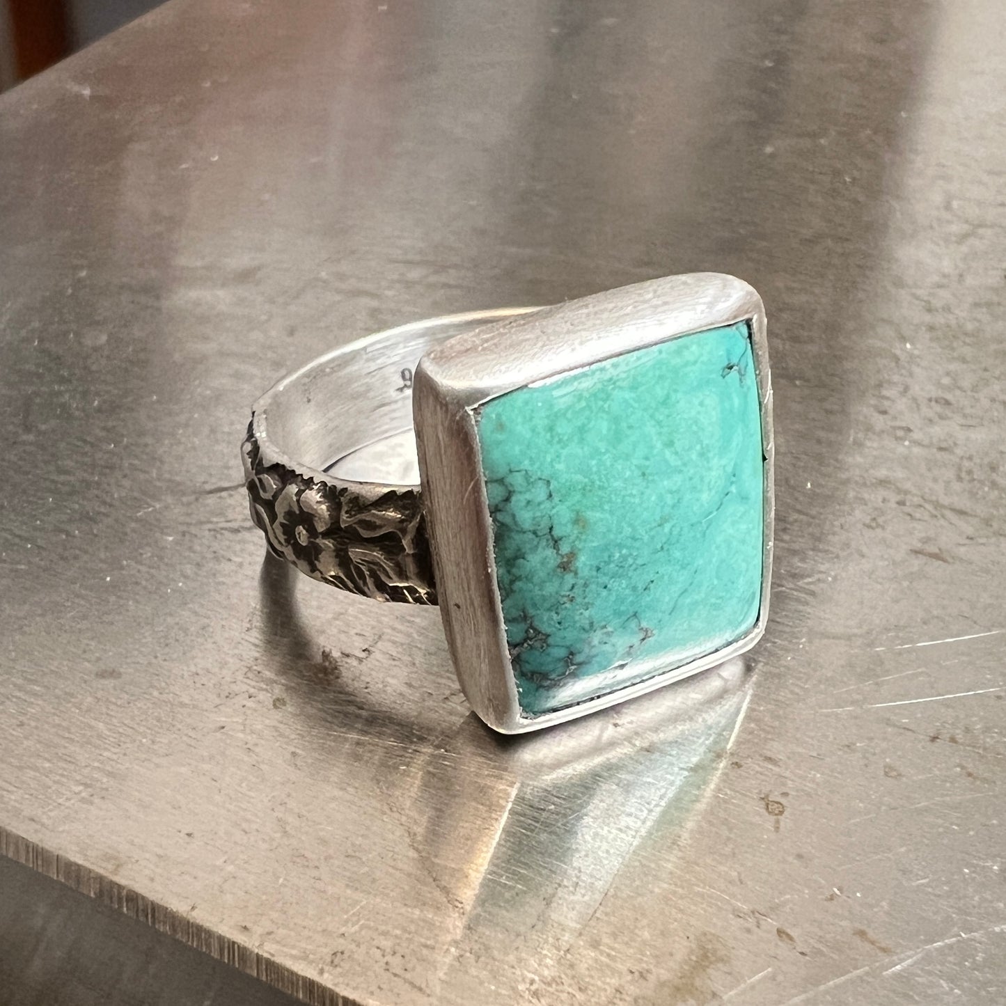 Rectangular Turquoise Ring with Floral Band Size 7 US