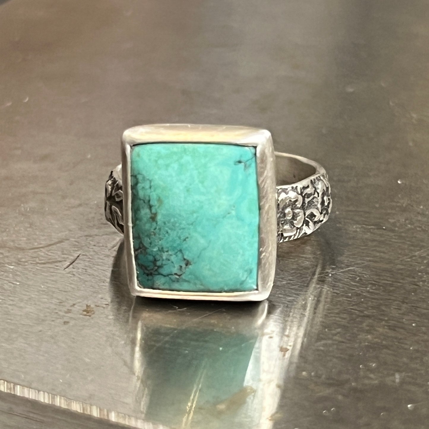 Rectangular Turquoise Ring with Floral Band Size 7 US