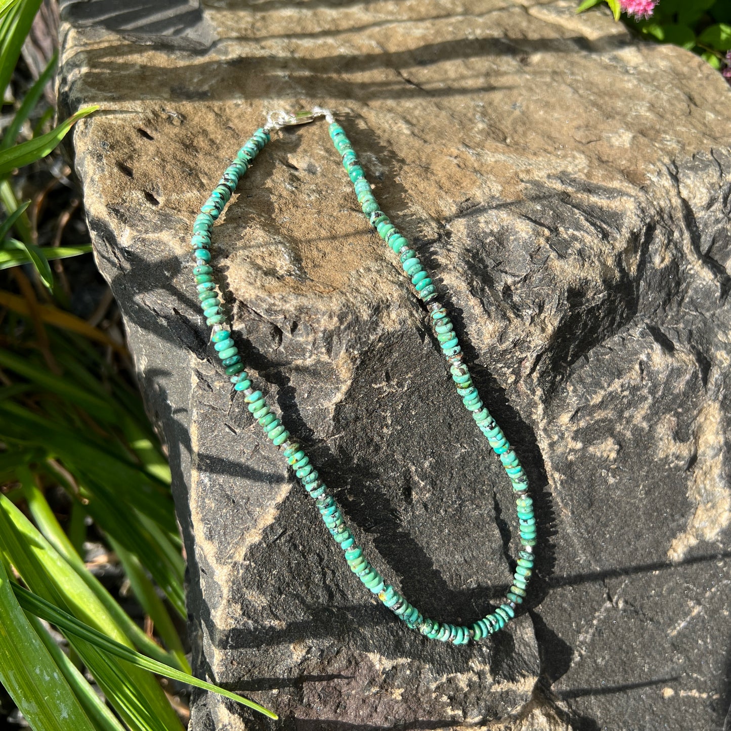 Genuine Turquoise Bead Necklace with Sterling Silver