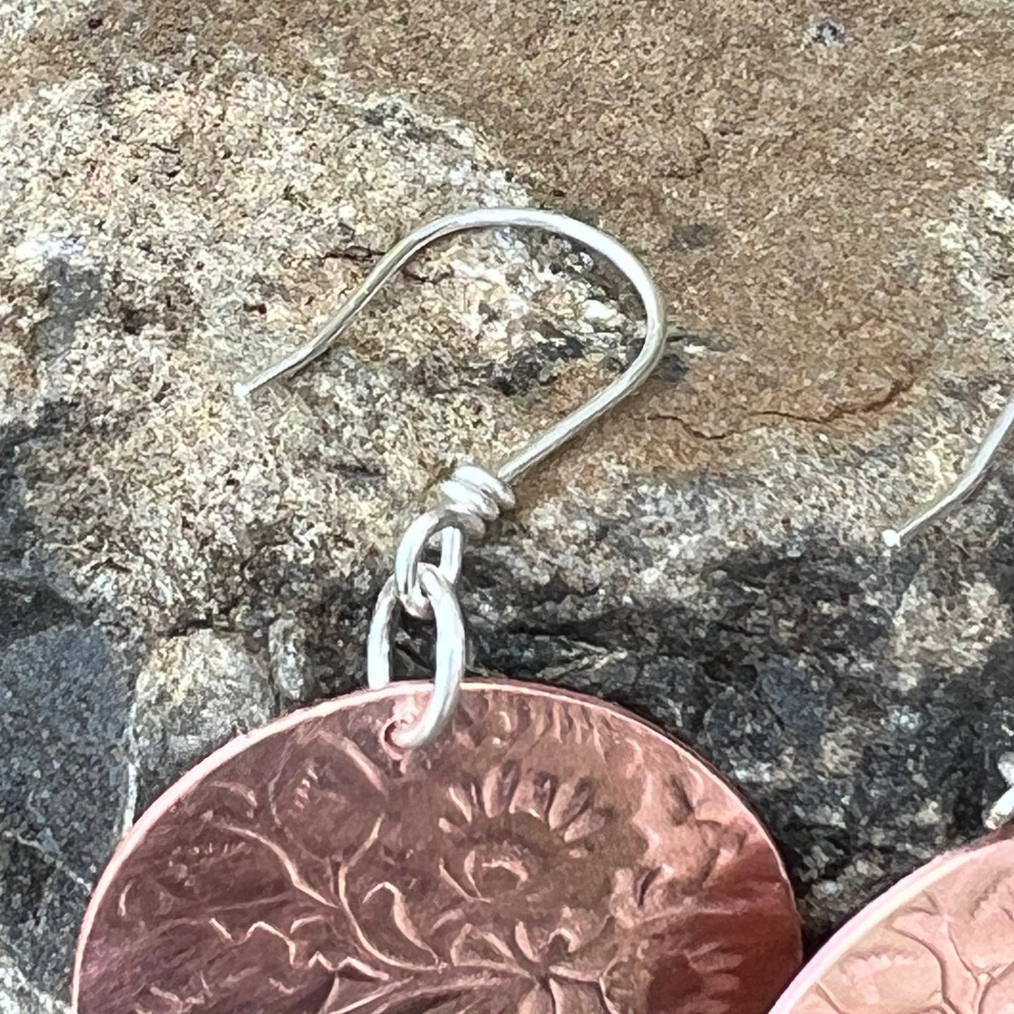 Pure Copper Circle Earrings Floral Patterned, Sterling Silver Ear Wires