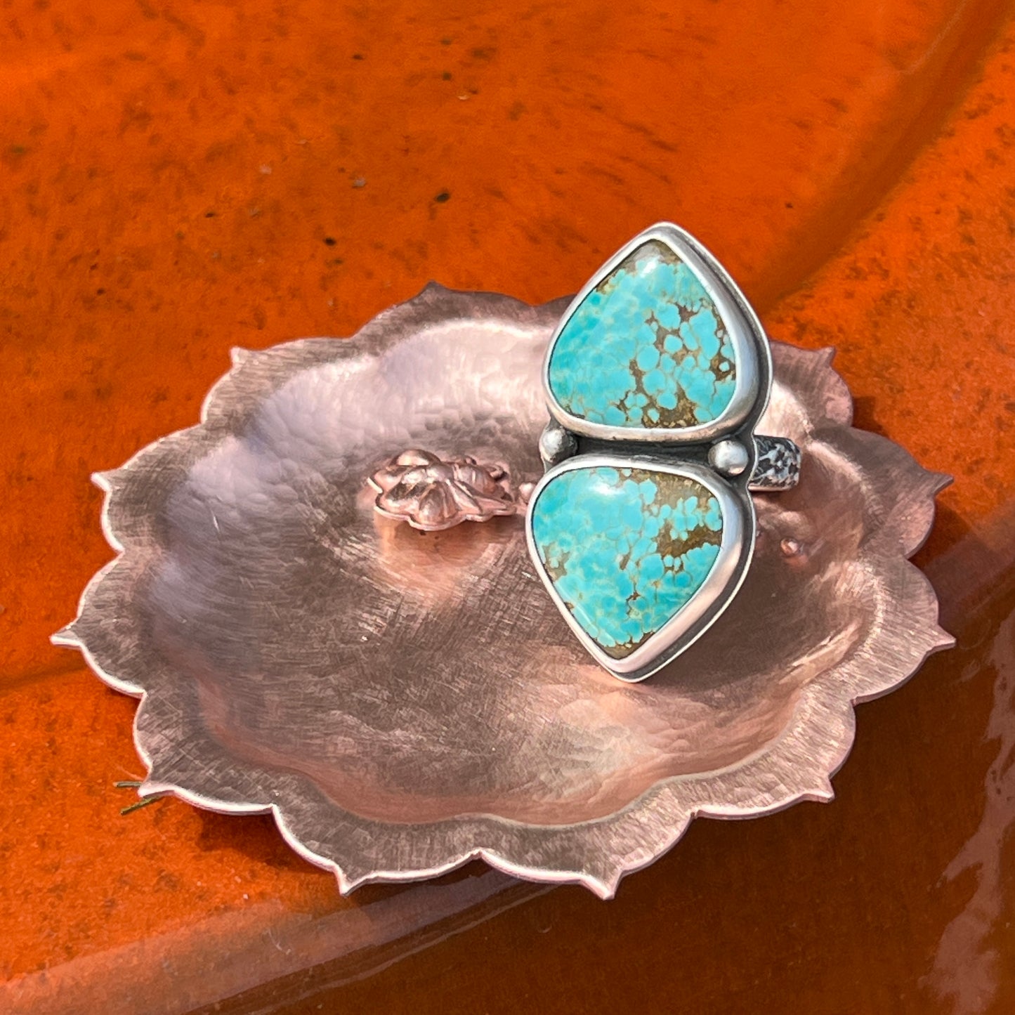 Two Stone Turquoise Ring with Floral Band Size 9