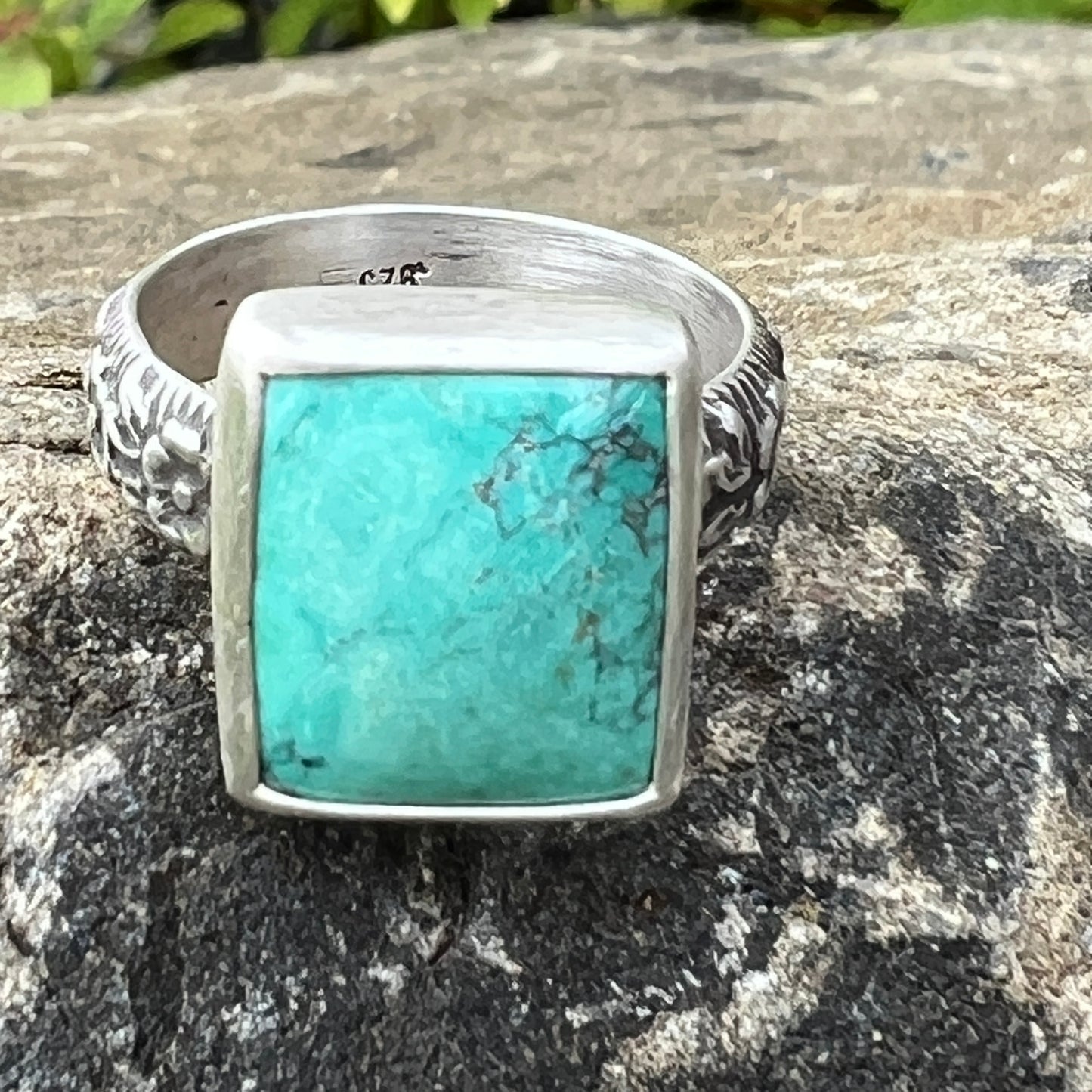 Rectangular Turquoise Ring with Floral Band Size 7 US