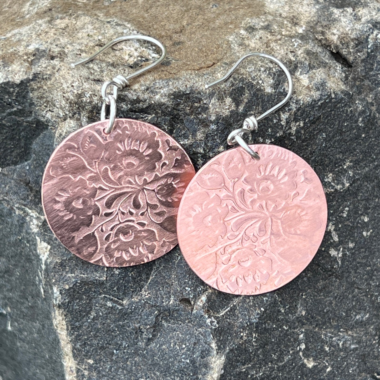 Pure Copper Circle Earrings Floral Patterned, Sterling Silver Ear Wires