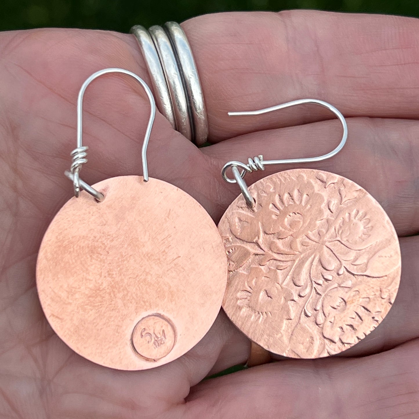 Pure Copper Circle Earrings Floral Patterned, Sterling Silver Ear Wires