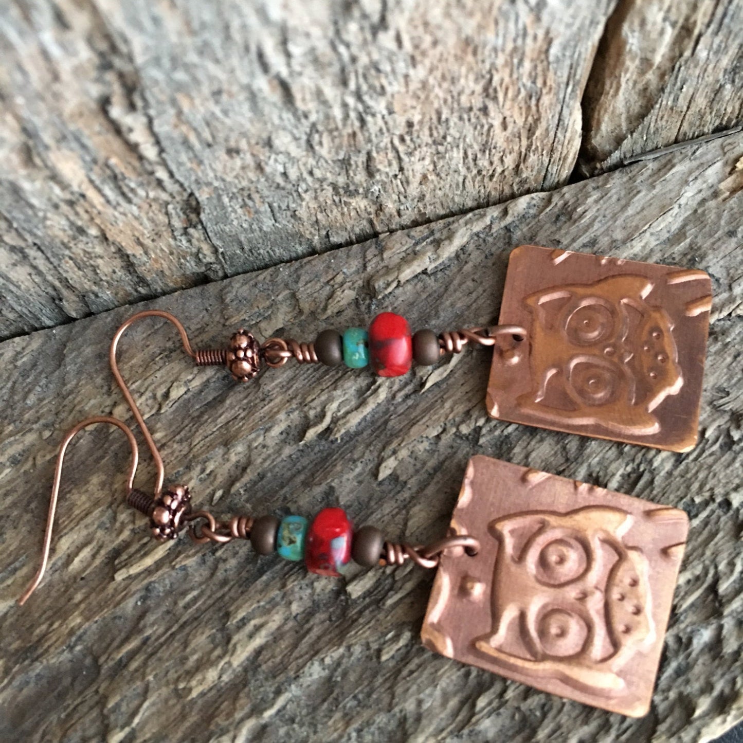 Copper Owl Earrings with Turquoise & Coral Beads