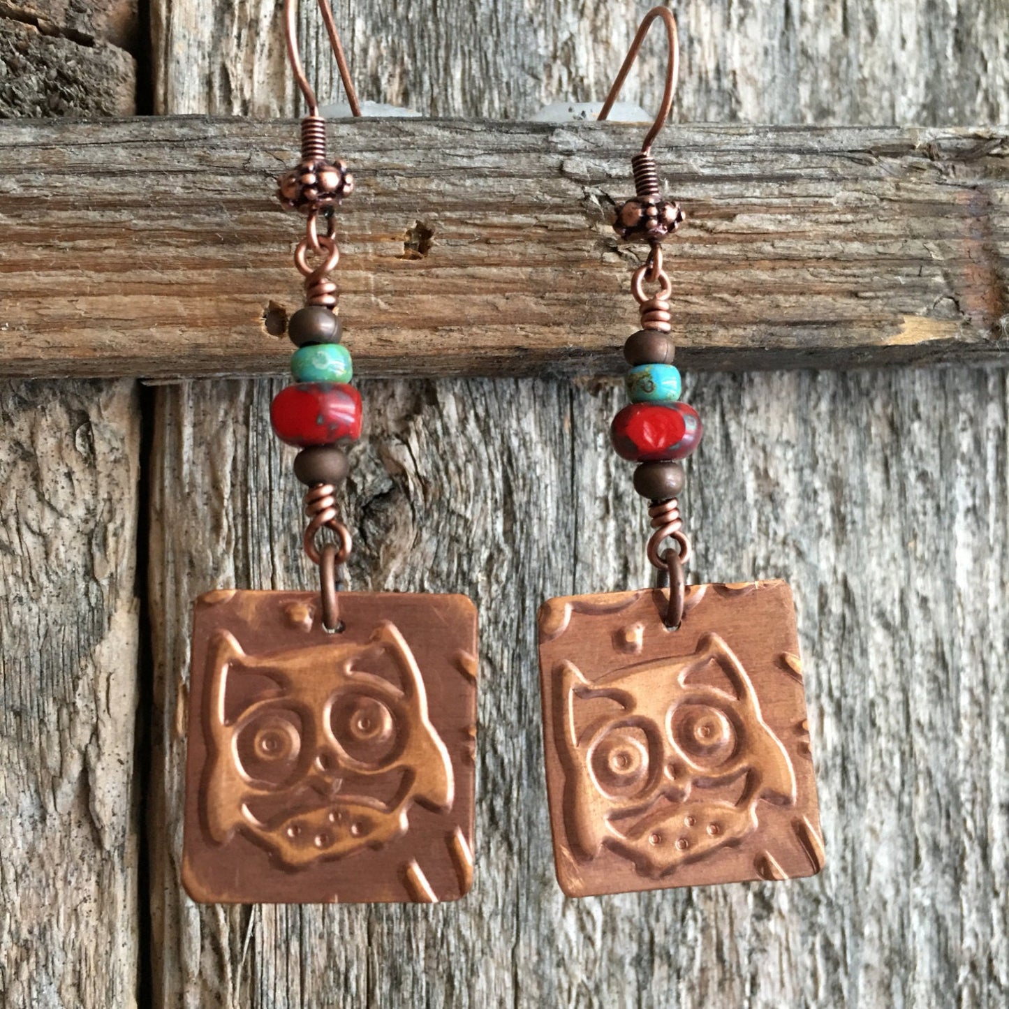 Copper Owl Earrings with Turquoise & Coral Beads