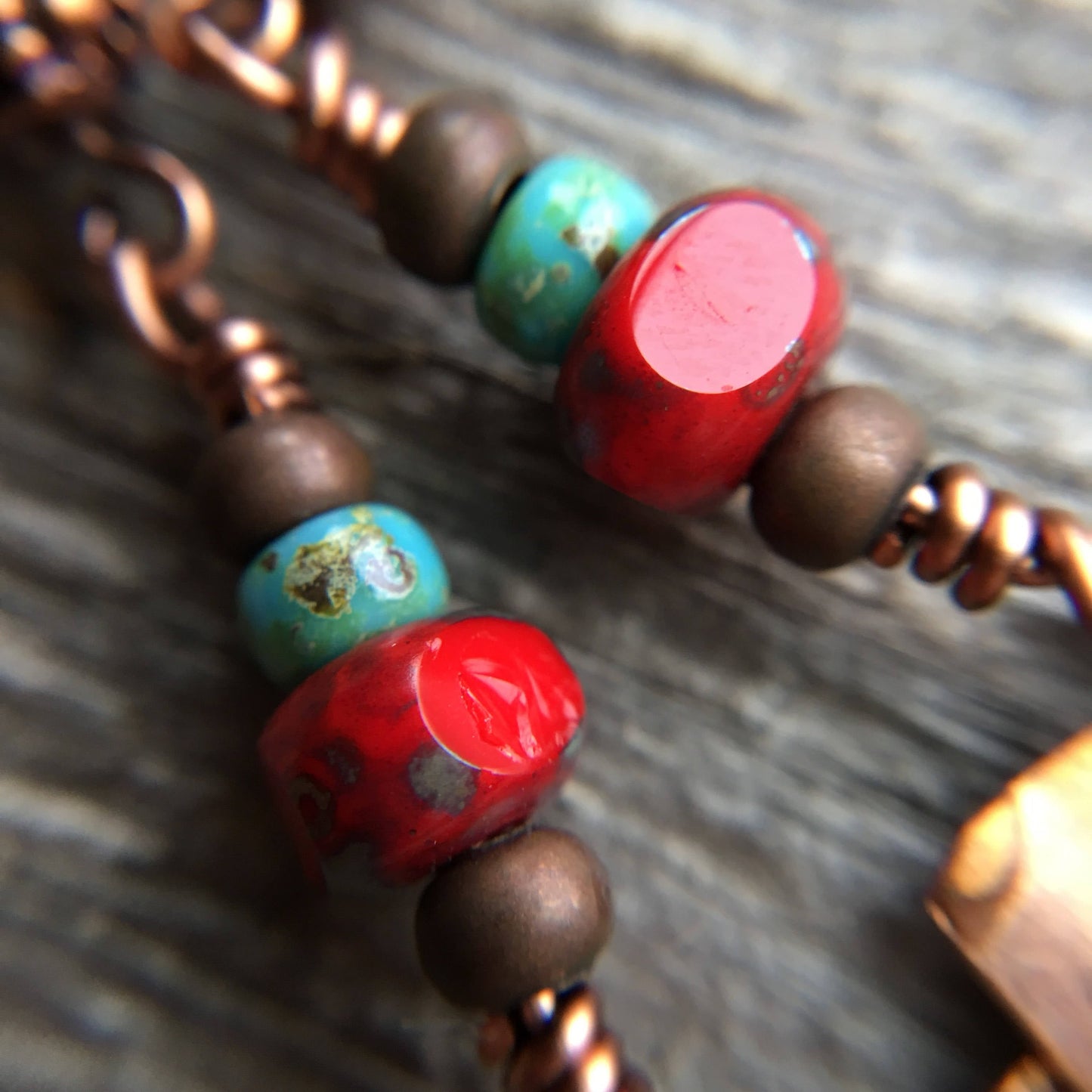 Copper Owl Earrings with Turquoise & Coral Beads