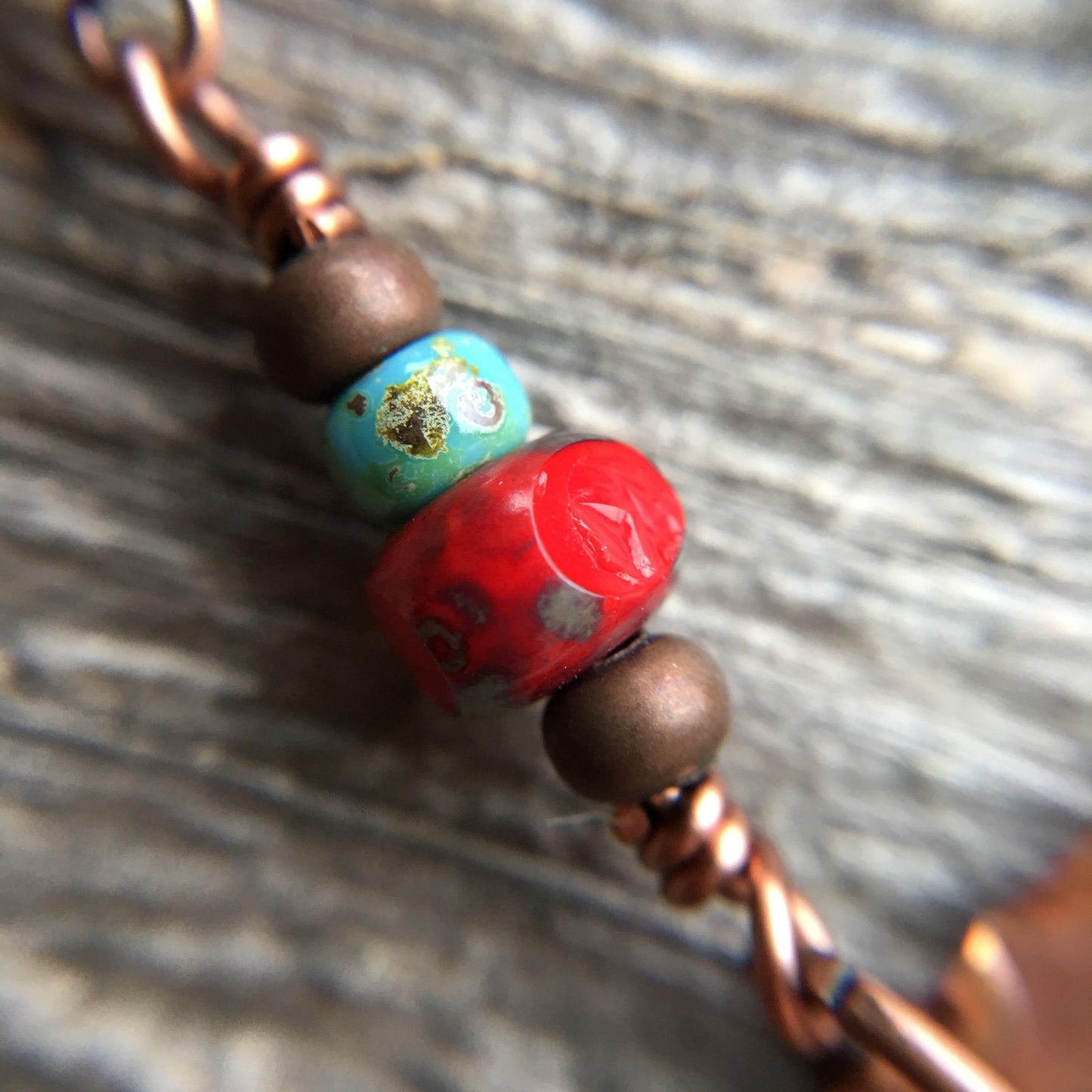 Copper Owl Earrings with Turquoise & Coral Beads