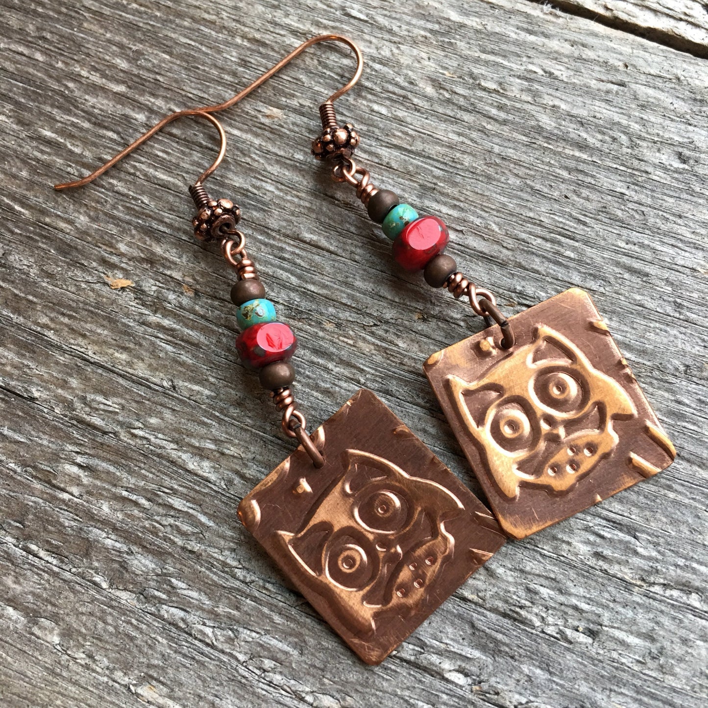 Copper Owl Earrings with Turquoise & Coral Beads