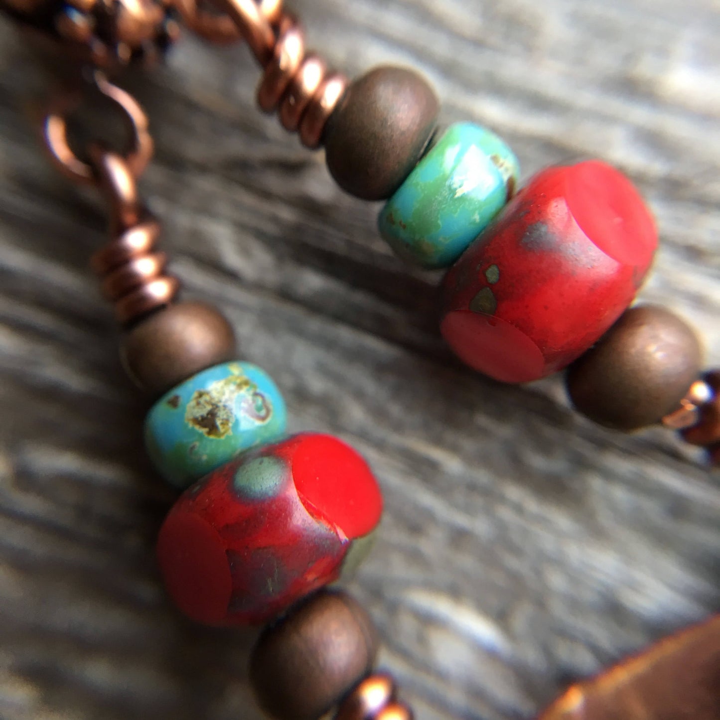 Copper Owl Earrings with Turquoise & Coral Beads