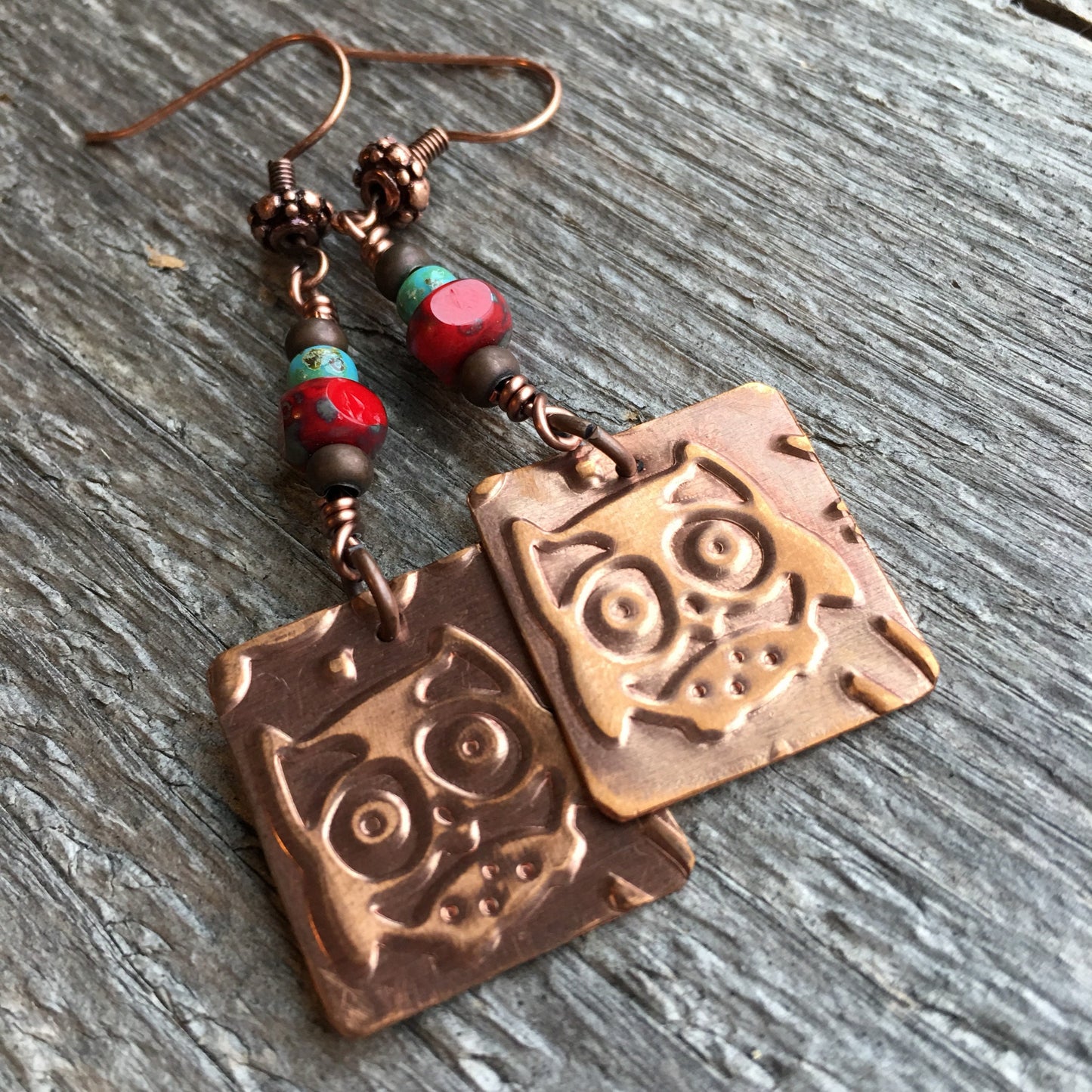 Copper Owl Earrings with Turquoise & Coral Beads