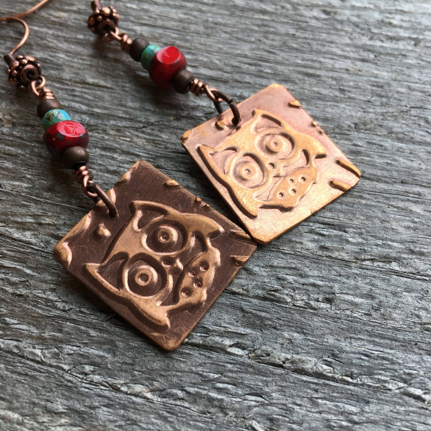 Copper Owl Earrings with Turquoise & Coral Beads