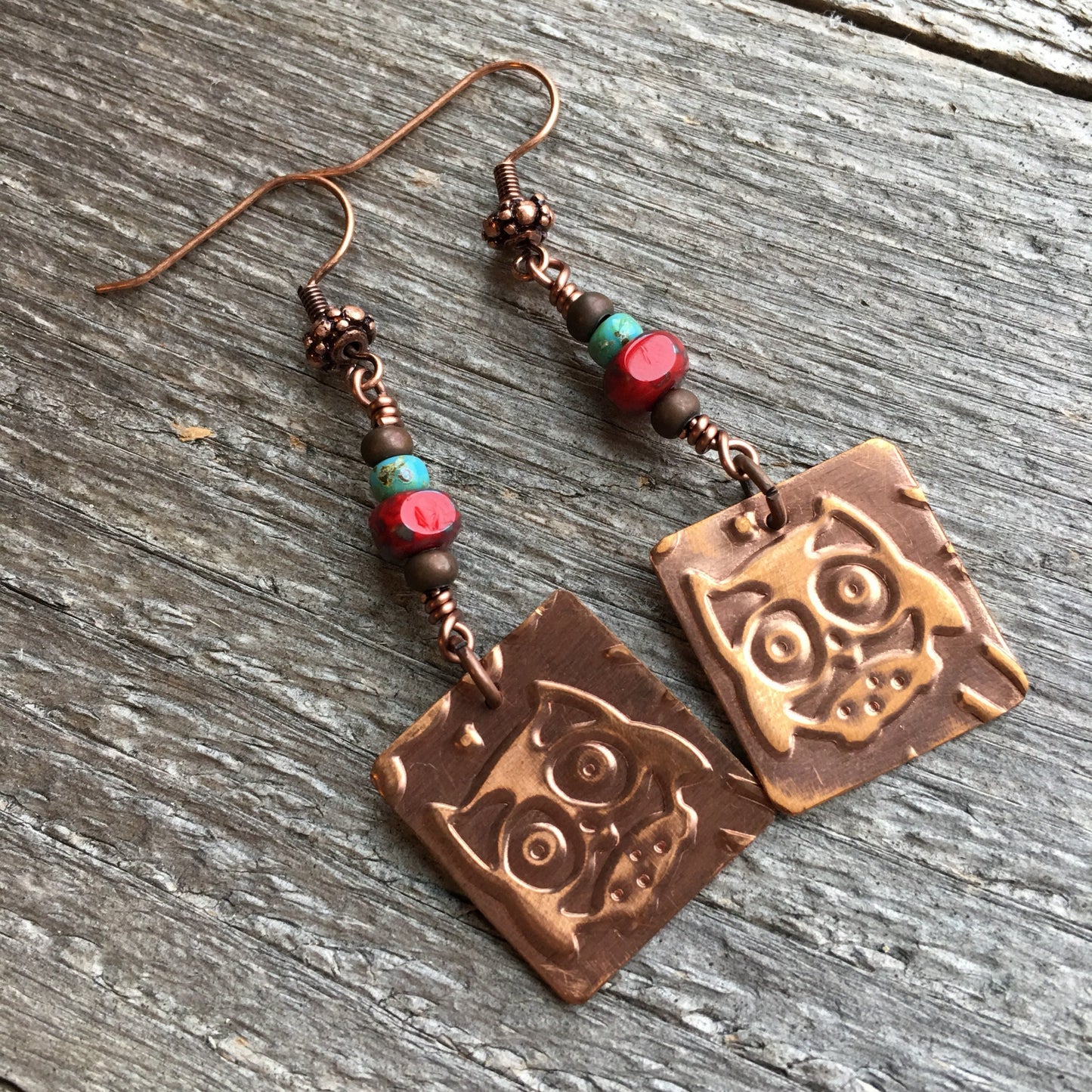 Copper Owl Earrings with Turquoise & Coral Beads