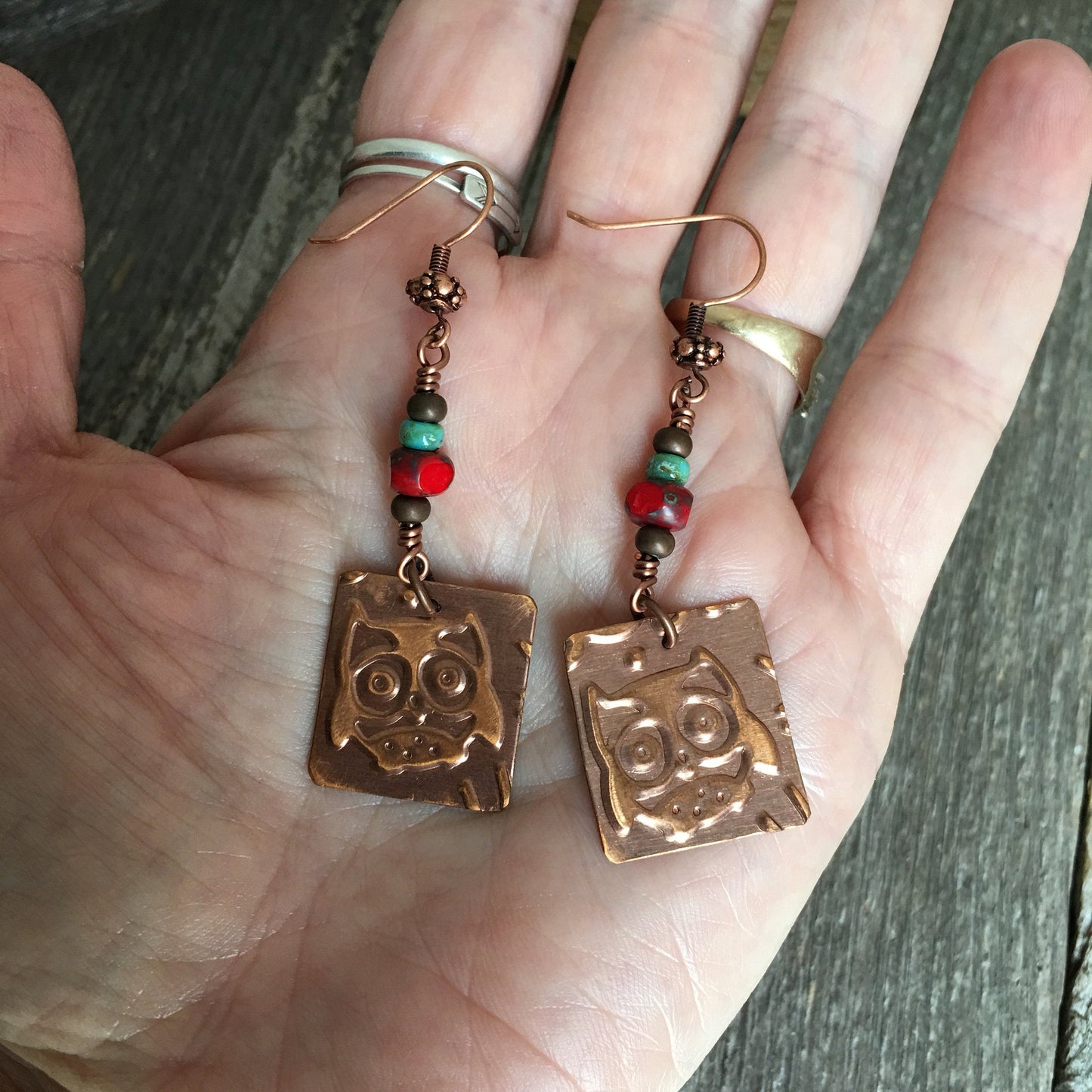 Copper Owl Earrings with Turquoise & Coral Beads