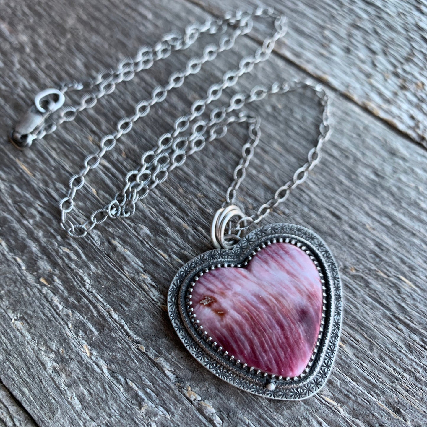 Purple Spiny Oyster Heart Necklace, Ocean Air Salty Hair