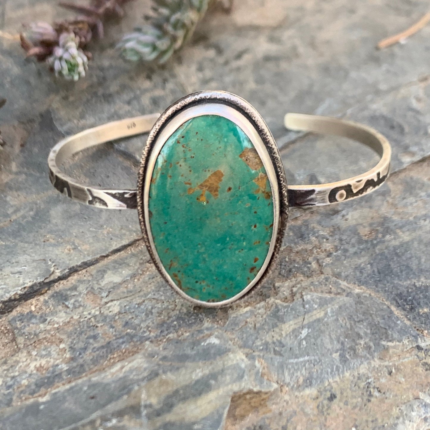 Royston Turquoise Cuff on Patterned Sterling Silver