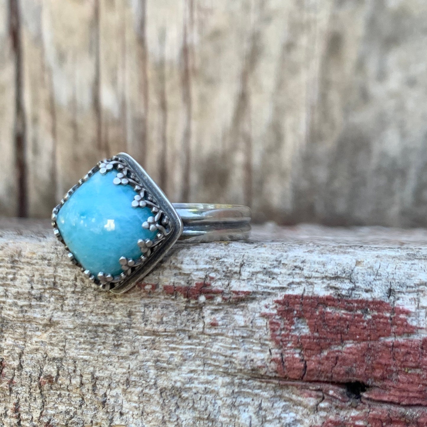 Cushion Cut Larimar Ring Size 9, Dominican Republic Stone