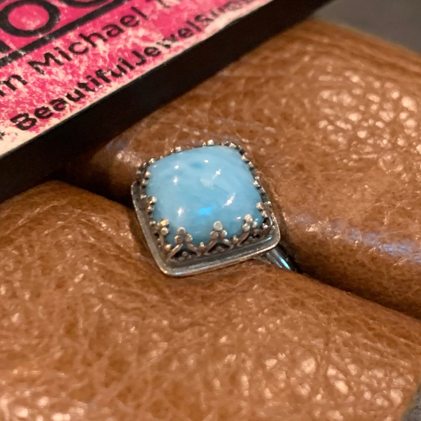 Cushion Cut Larimar Ring Size 9, Dominican Republic Stone