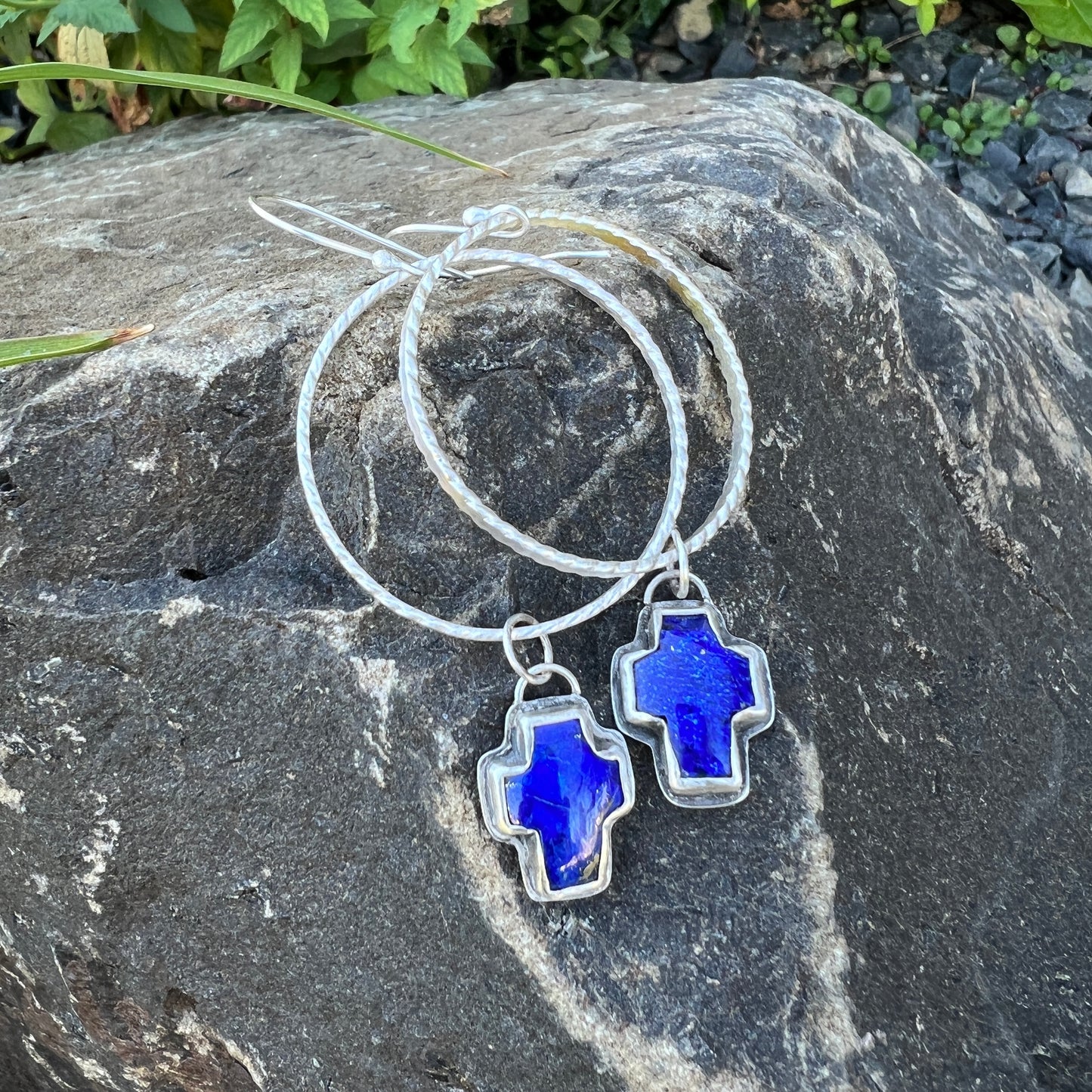 Thick Silver Hoop Earrings with Lapis Lazuli Cross Dangles, Modern Southwest Jewelry