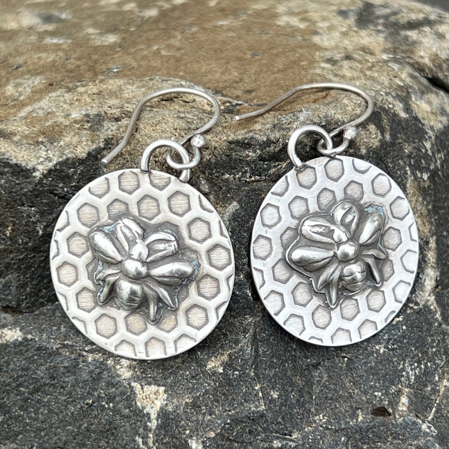 Sterling Silver Honeybee Earrings with Honeycomb Texture